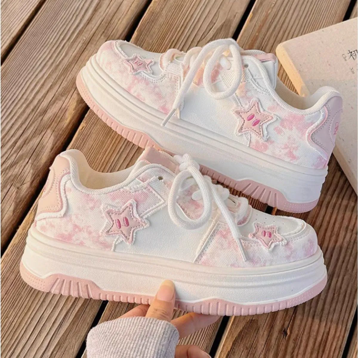 Cute Star Platform Sneakers - Women's Pink & Beige Tie-Dye Y2K Fashion Shoes, Comfortable Casual Lace-Up Sneakers with Pastel Star Design