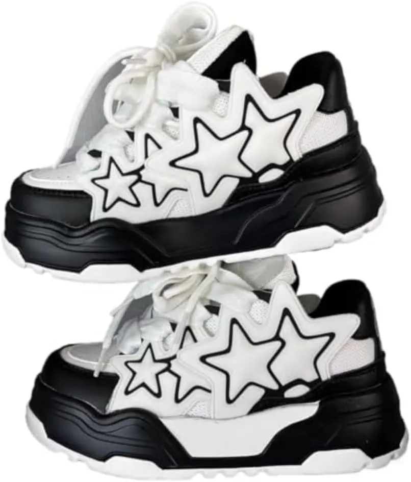 Cute Star Shoes for Women Chunky Platform Lace-up Comfortable Slip-Resistant Lightweight Soles Casual Sneakers Kawaii Retro Pretty Pastel Gifts for Girls Rave Plus Size