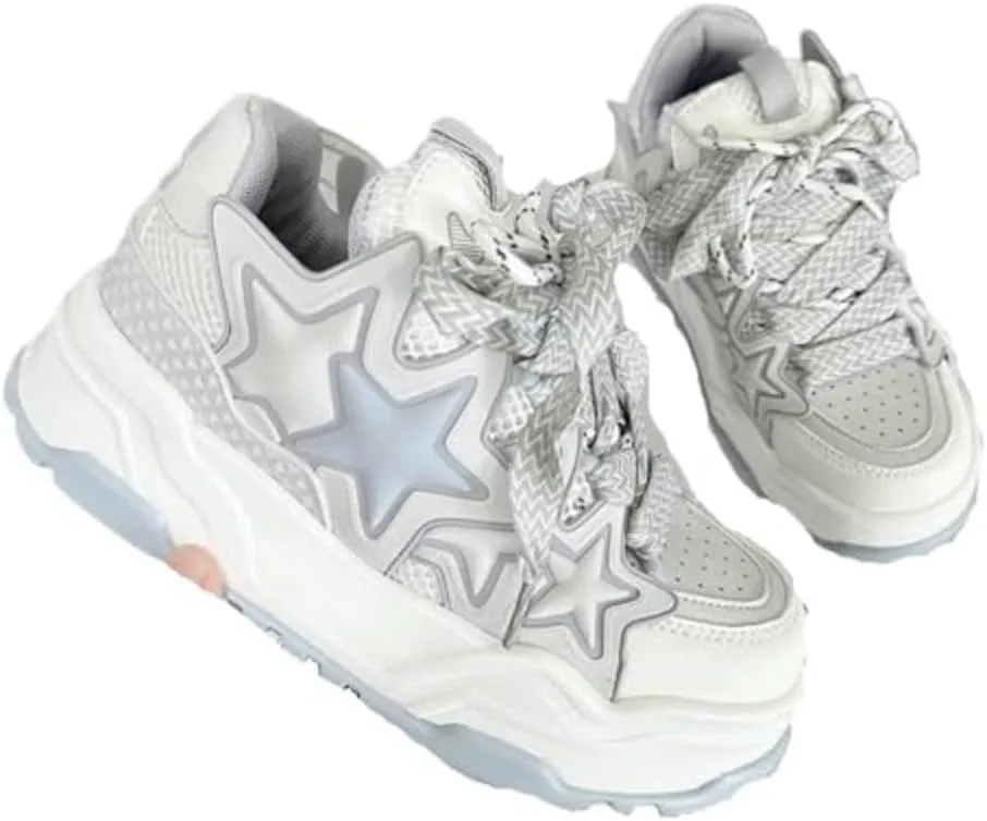 Cute Star Shoes for Women Chunky Platform Lace-up Comfortable Slip-Resistant Lightweight Soles Casual Sneakers Kawaii Retro Pretty Pastel Gifts for Girls Rave Plus Size