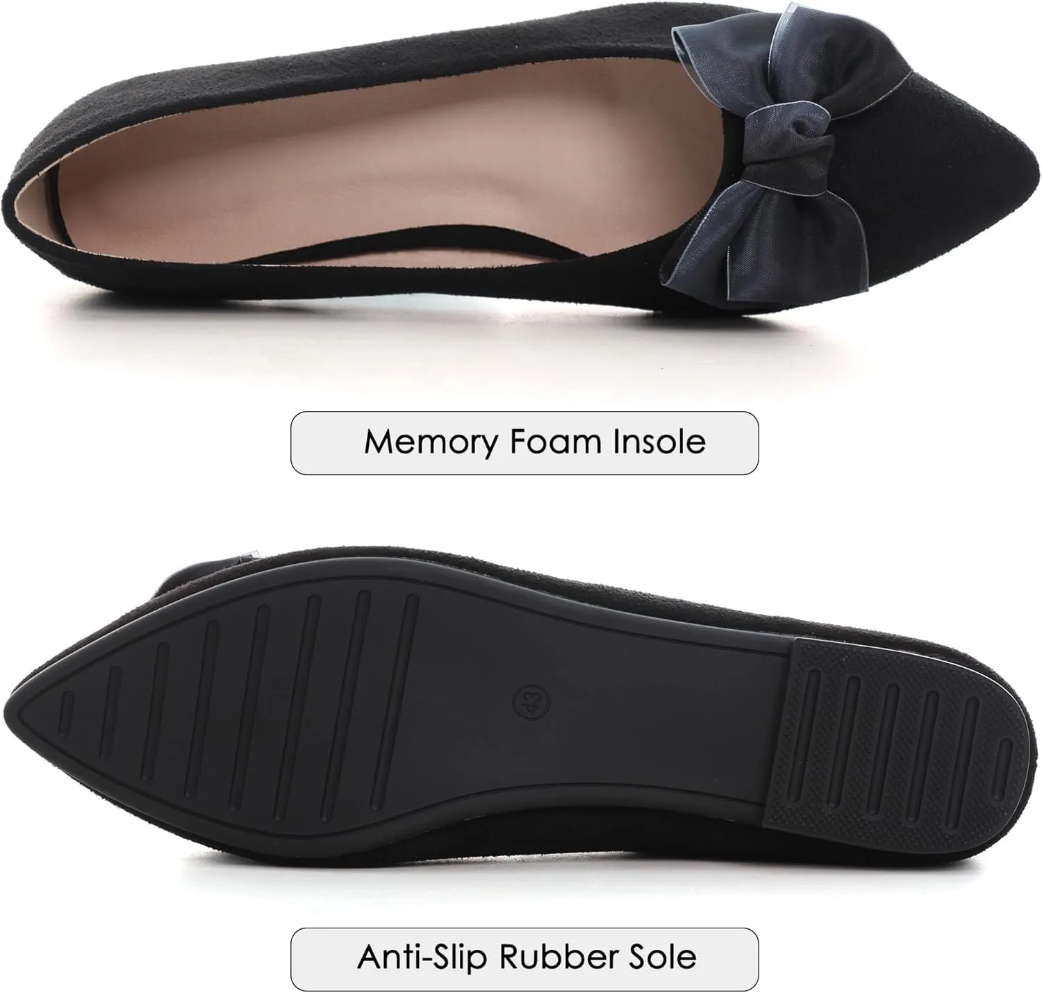 Dear Time Women's Bow Ballets Pointy Toe PU Leather Flats Shoes Slip-ons Casual Comfortable Loafers Walking Shoes for Women