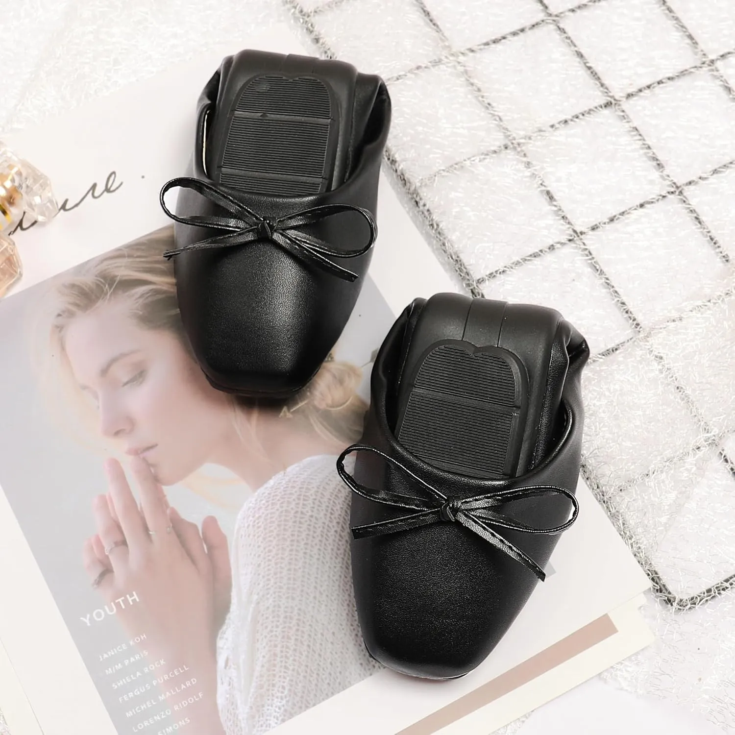 Dear Time Women's Casual Foldable Ballet Flats Square Toe Ballerina Flats Shoes Comfortable