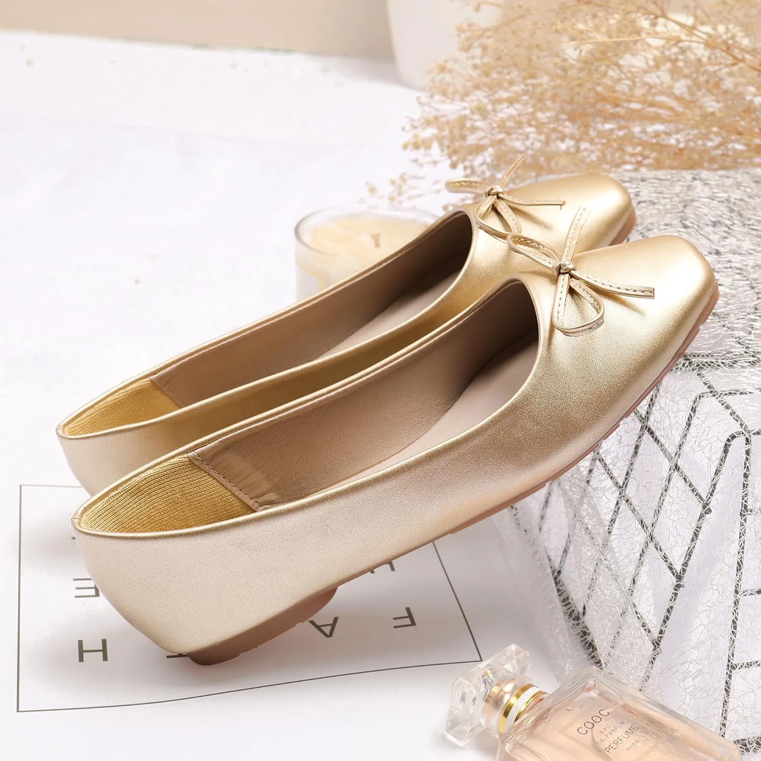 Dear Time Women's Casual Foldable Ballet Flats Square Toe Ballerina Flats Shoes Comfortable