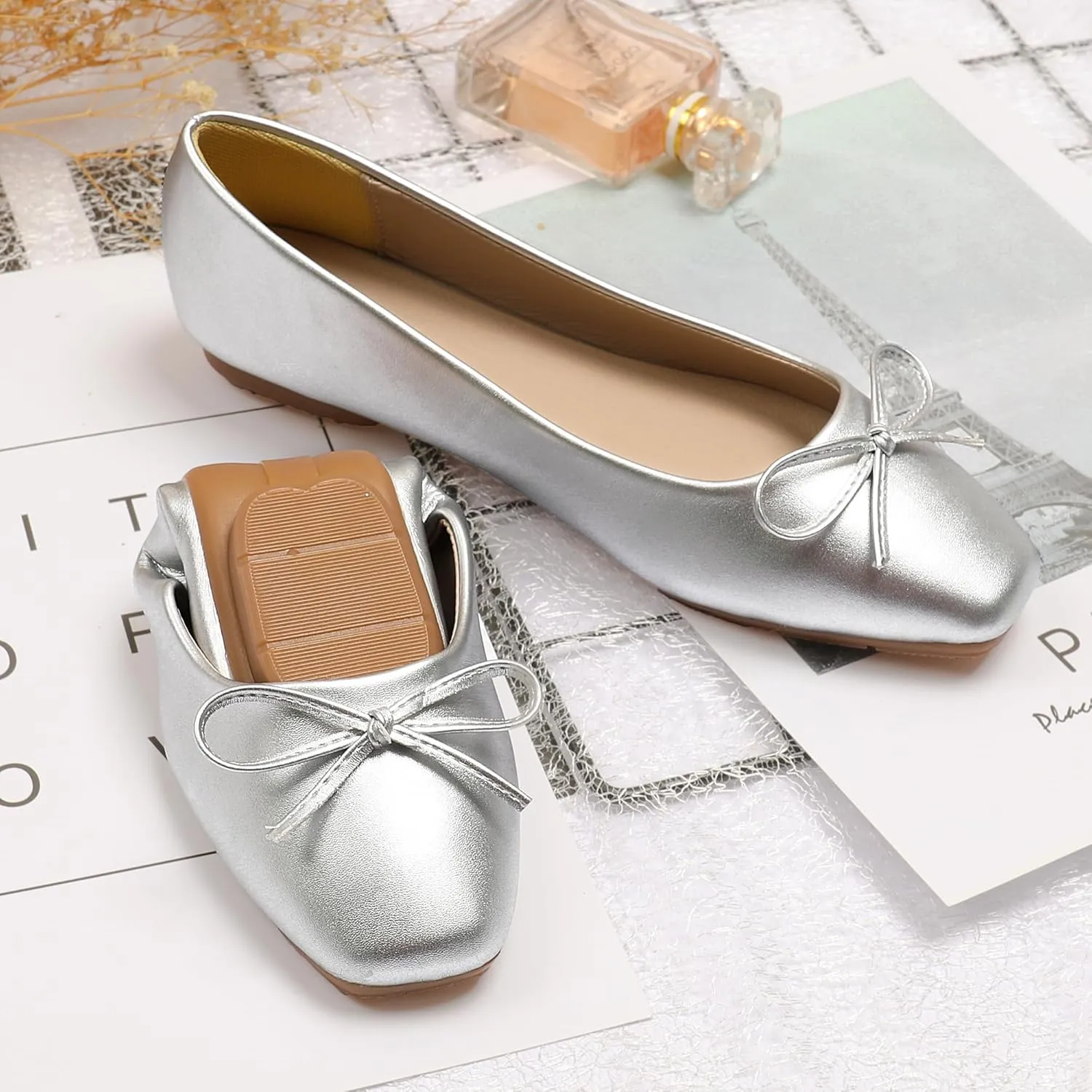 Dear Time Women's Casual Foldable Ballet Flats Square Toe Ballerina Flats Shoes Comfortable