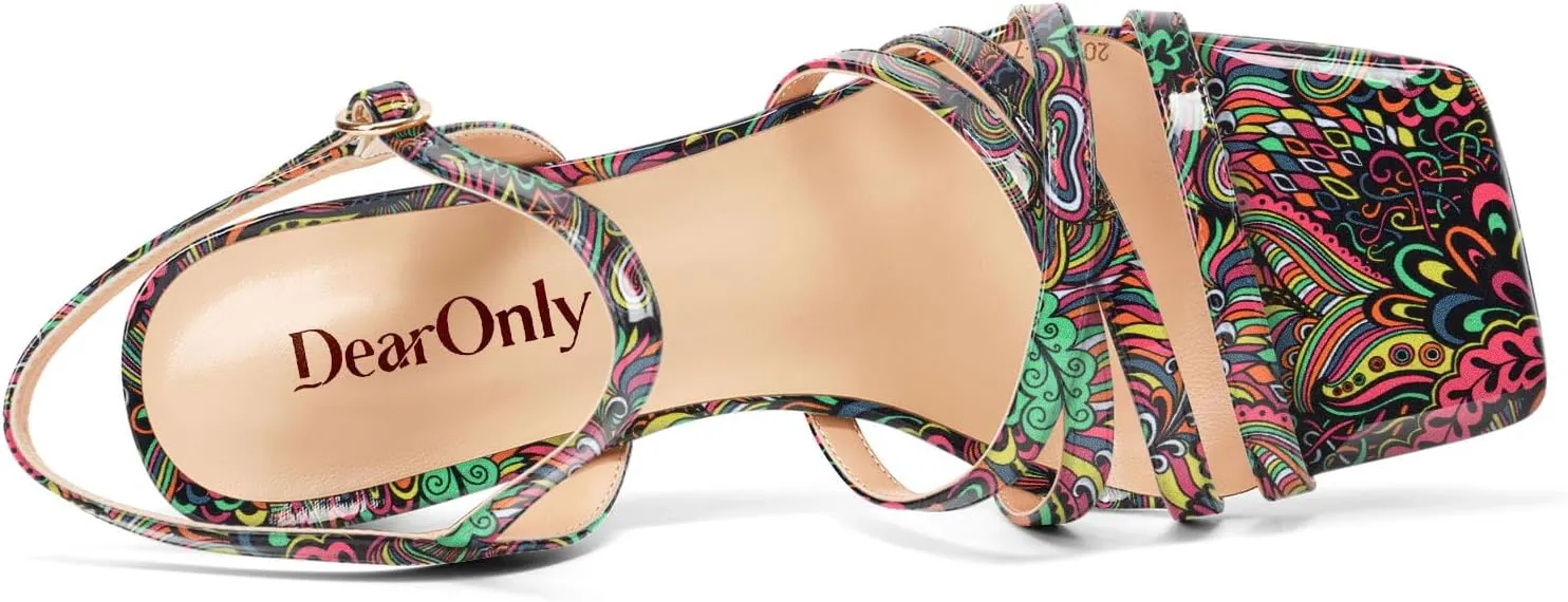 DearOnly Womens Square Toe Gladiator Chunky Block Mid Heel Sandals Ankle Strap Buckle Wedding Dress Patent Leather Shoes 3.2 Inches Heels