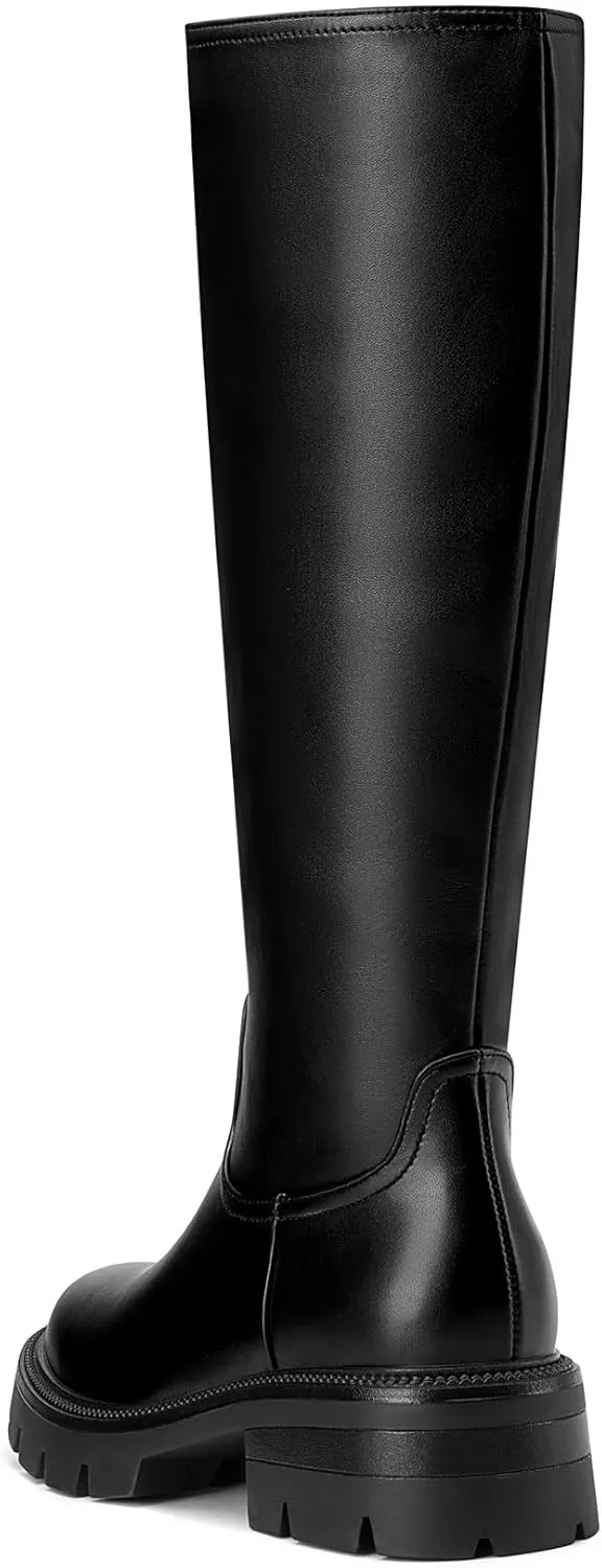 DearOnly Womens Wide Calf Knee High Boots Round Toe Platform Chunky Heel Boots Side Zipper Lug Sole Fashion Dress Tall Boots