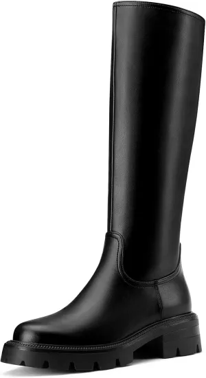 DearOnly Womens Wide Calf Knee High Boots Round Toe Platform Chunky Heel Boots Side Zipper Lug Sole Fashion Dress Tall Boots