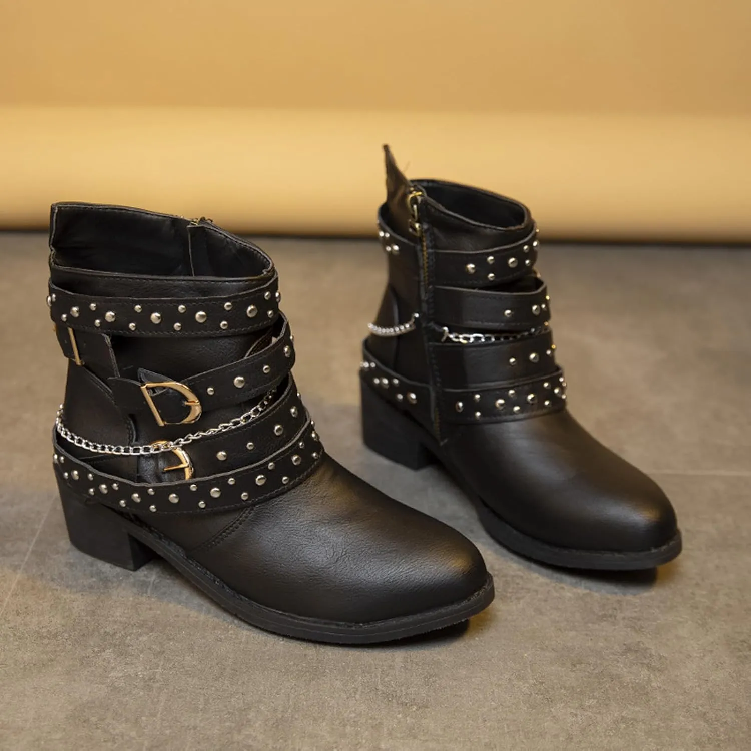 DirraBra Women's Goth Leather Block Heel Ankle Boots Fashion Studded Ankle Strap Trim Punk Boots Winter Side Zipper Motorcycle Short Booties