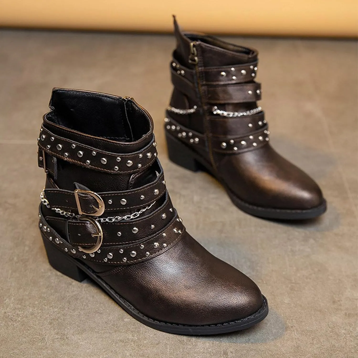 DirraBra Women's Goth Leather Block Heel Ankle Boots Fashion Studded Ankle Strap Trim Punk Boots Winter Side Zipper Motorcycle Short Booties