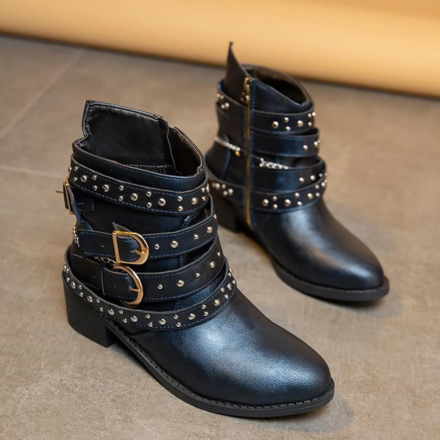 DirraBra Women's Goth Leather Block Heel Ankle Boots Fashion Studded Ankle Strap Trim Punk Boots Winter Side Zipper Motorcycle Short Booties