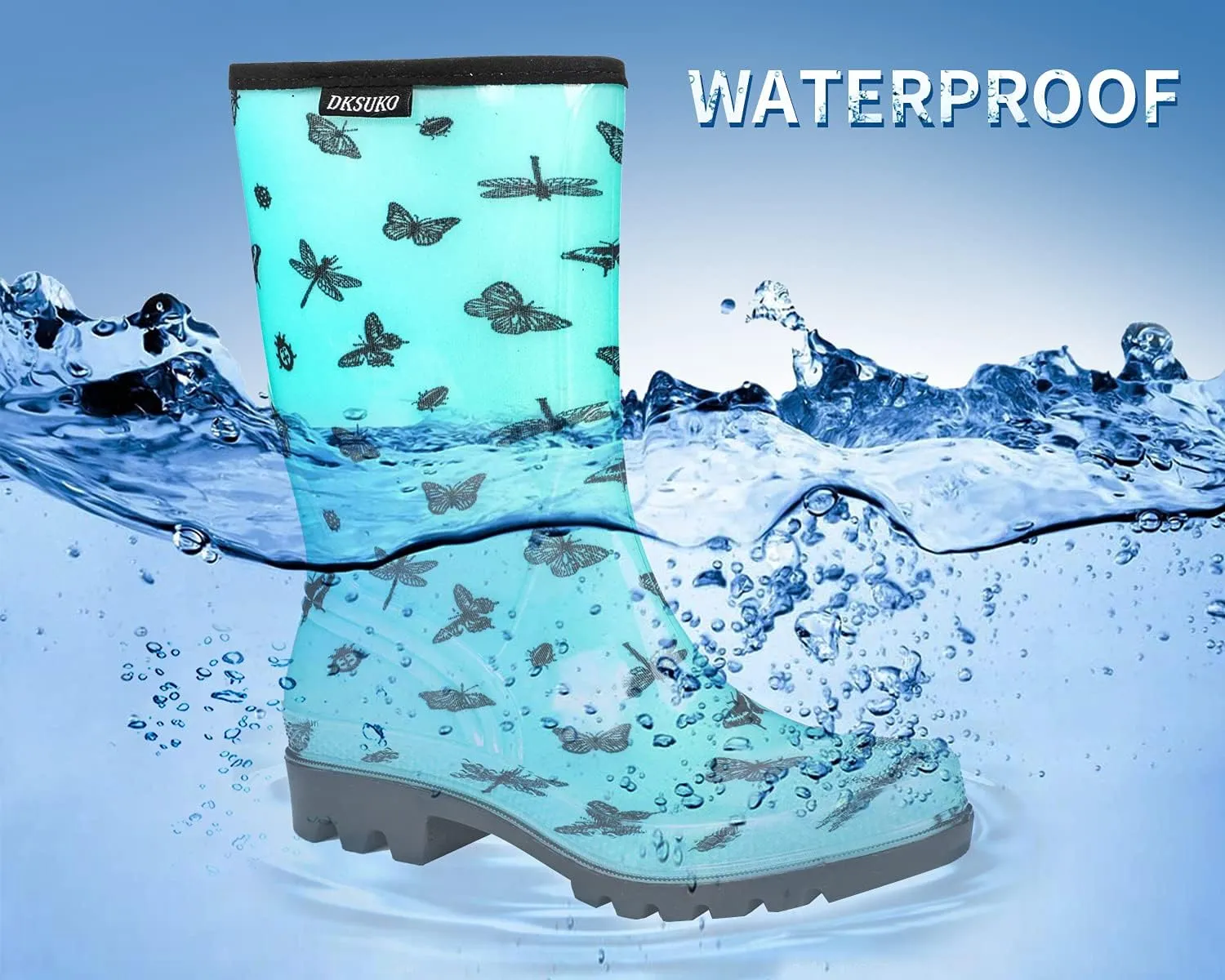 DKSUKO Waterproof Womens Rain Boots insulated,Lightweight Rubber fashion Boots in Gardening,Warm and Comfortable Wide Calf Rain Boots with Glossy in Outdoor