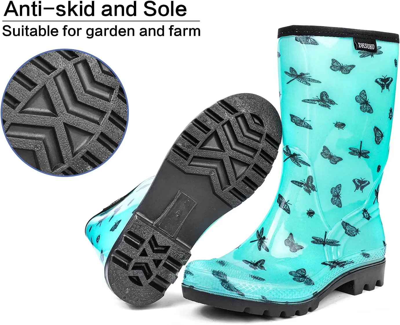 DKSUKO Waterproof Womens Rain Boots insulated,Lightweight Rubber fashion Boots in Gardening,Warm and Comfortable Wide Calf Rain Boots with Glossy in Outdoor