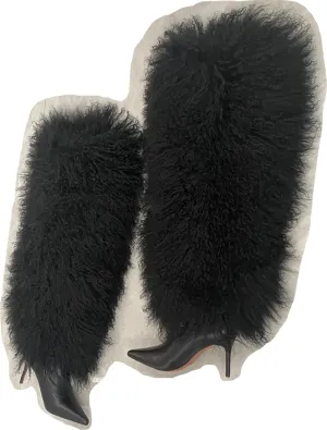 DR-64 Women's Pointed High Heels Boots With Fluffy Real Mongolian Curly Lamb Fur Over Knee Real Cow Leather Boot