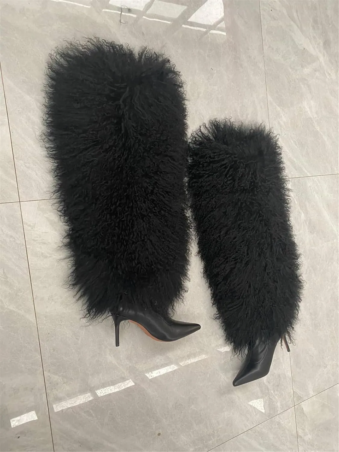 DR-64 Women's Pointed High Heels Boots With Fluffy Real Mongolian Curly Lamb Fur Over Knee Real Cow Leather Boot