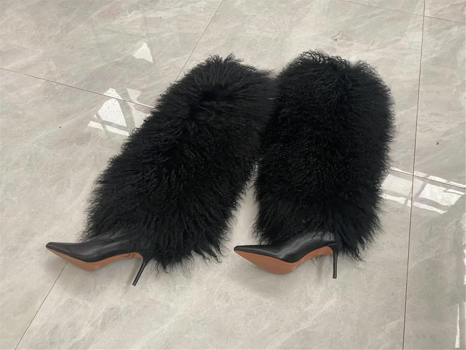 DR-64 Women's Pointed High Heels Boots With Fluffy Real Mongolian Curly Lamb Fur Over Knee Real Cow Leather Boot