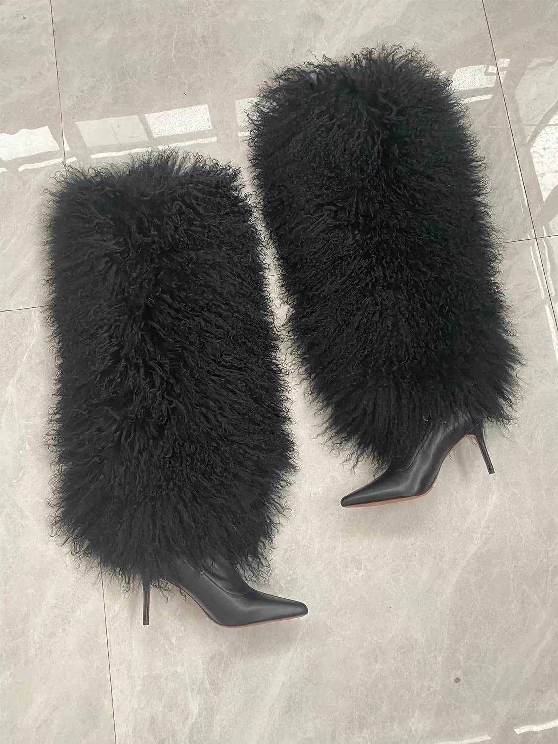 DR-64 Women's Pointed High Heels Boots With Fluffy Real Mongolian Curly Lamb Fur Over Knee Real Cow Leather Boot