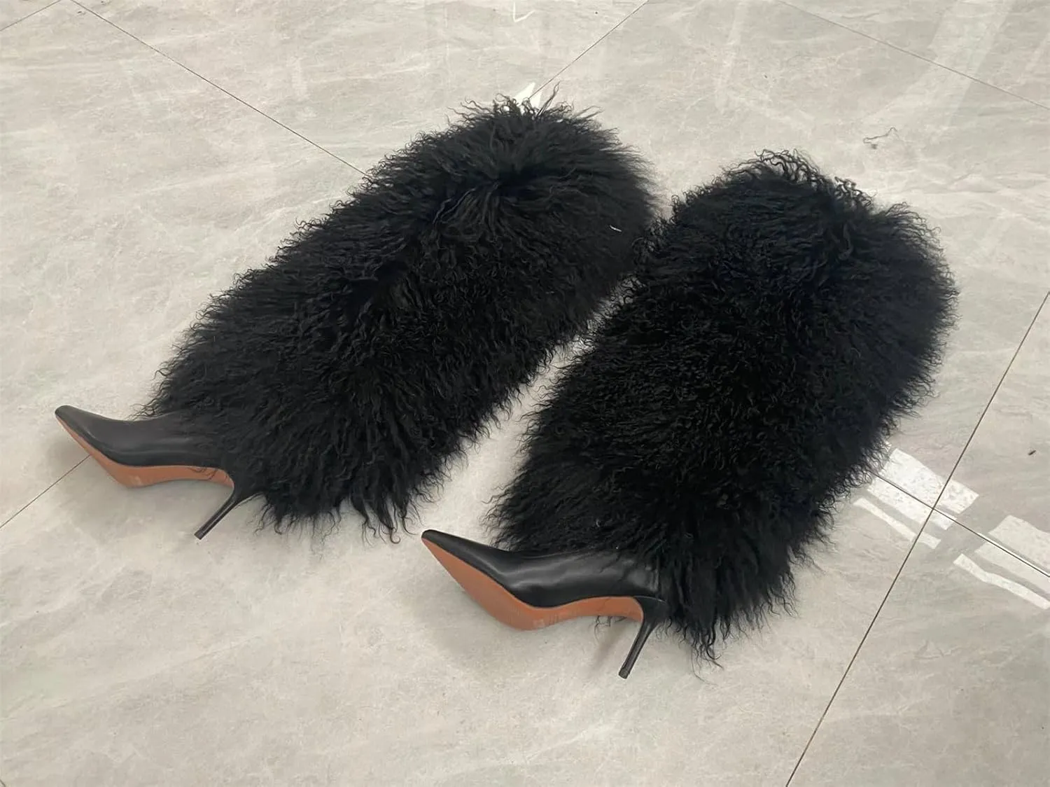 DR-64 Women's Pointed High Heels Boots With Fluffy Real Mongolian Curly Lamb Fur Over Knee Real Cow Leather Boot