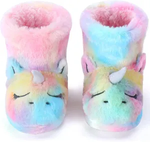 Dream Bridge Girls Kids Slippers Booties Home House Slippers Boots Toddler Cute Plush Fleece Warm Cartoon Indoor Outdoor Slip on Fluffy Booties Rainbow Shoes for Boys Girls
