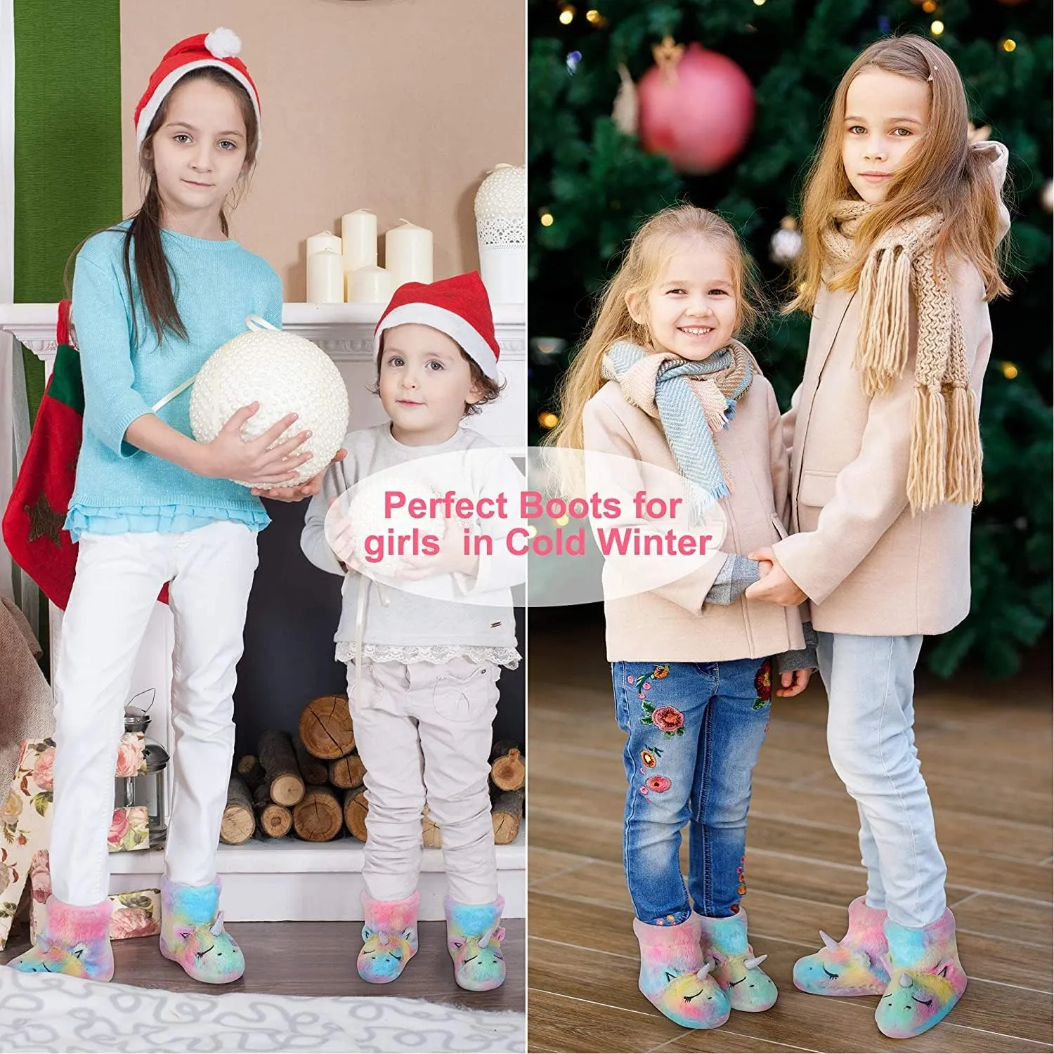 Dream Bridge Girls Kids Slippers Booties Home House Slippers Boots Toddler Cute Plush Fleece Warm Cartoon Indoor Outdoor Slip on Fluffy Booties Rainbow Shoes for Boys Girls