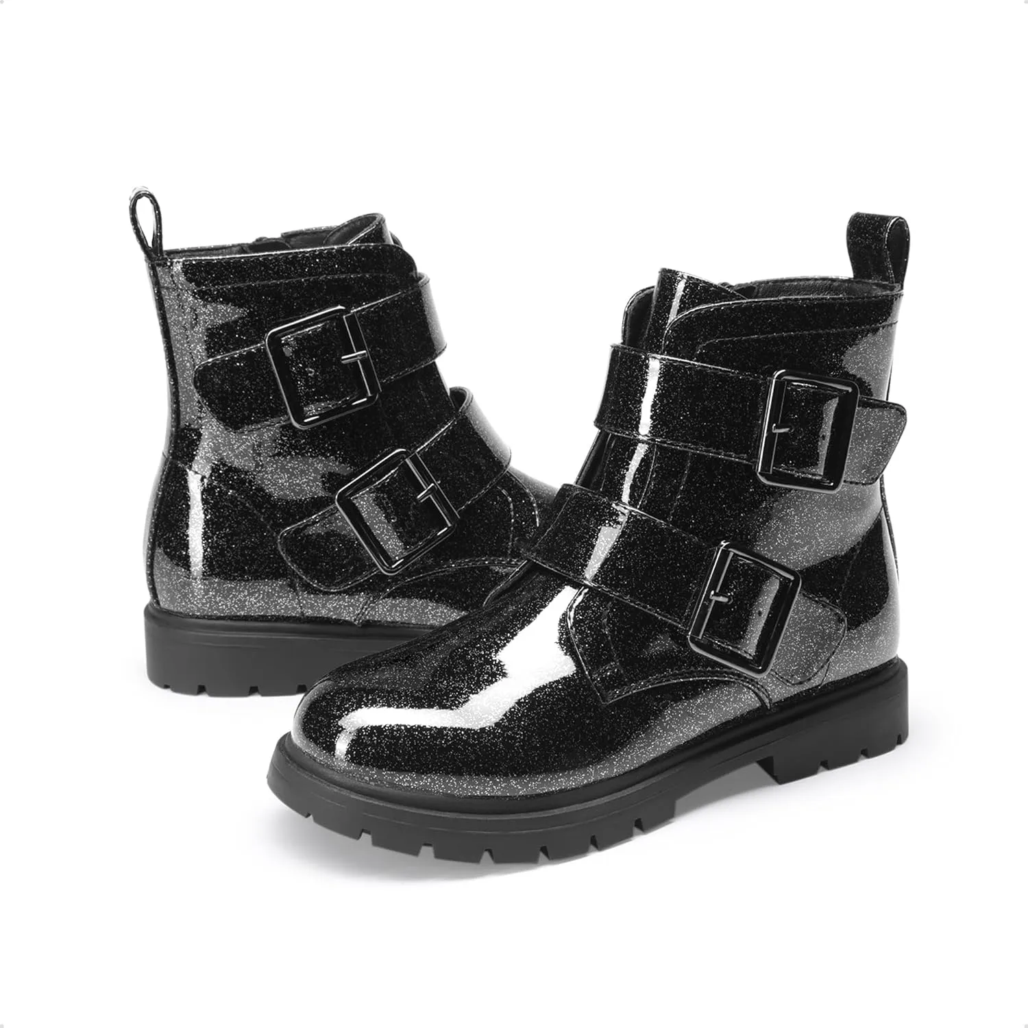 DREAM PAIRS Girls Boys Glitter Ankle Boots Side Zipper Combat Shoes with Buckles Toddler/Little Kid/Big Kid