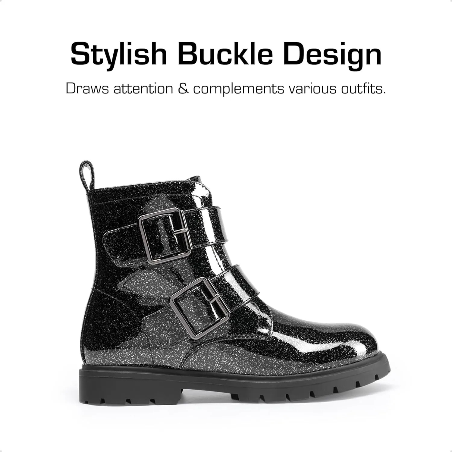 DREAM PAIRS Girls Boys Glitter Ankle Boots Side Zipper Combat Shoes with Buckles Toddler/Little Kid/Big Kid