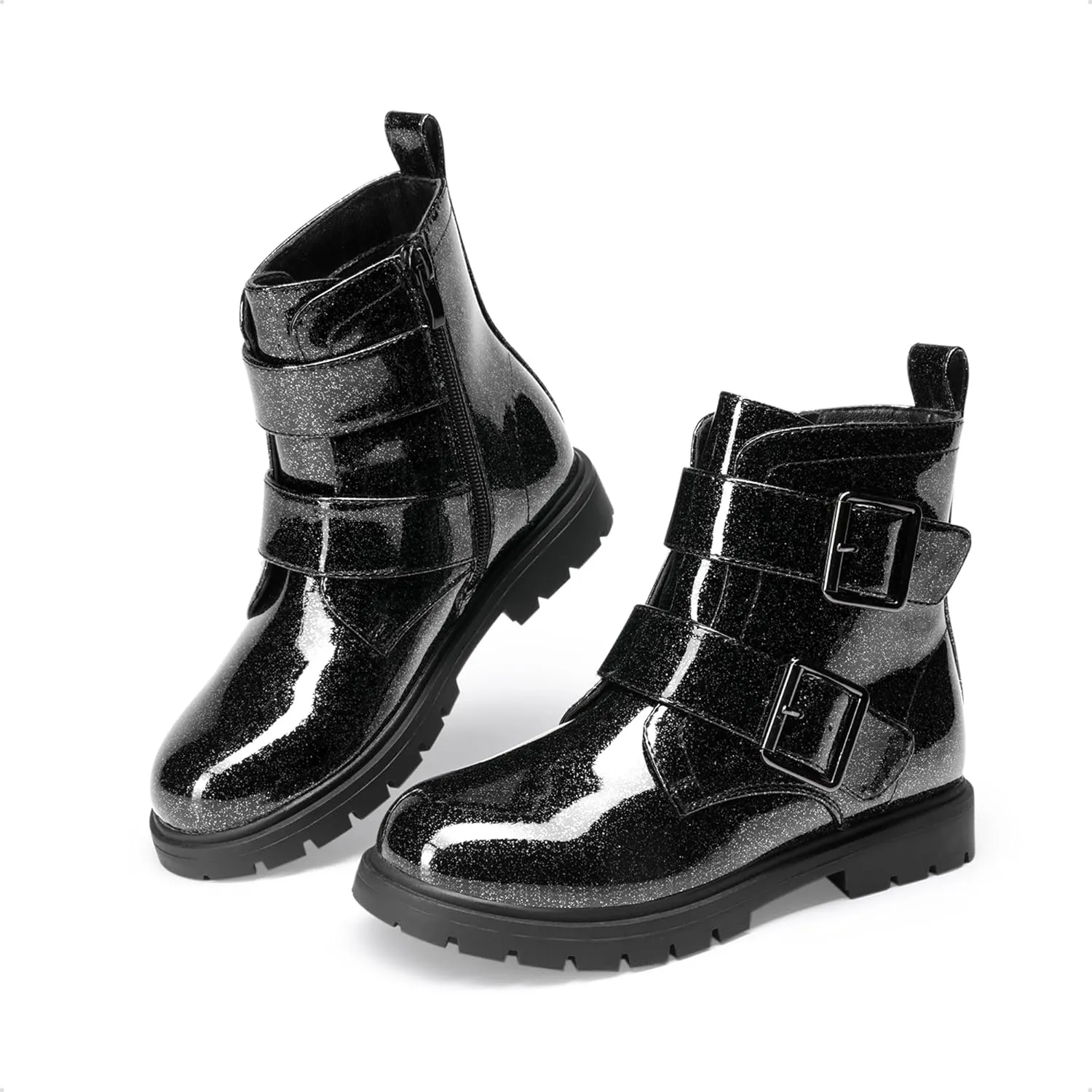 DREAM PAIRS Girls Boys Glitter Ankle Boots Side Zipper Combat Shoes with Buckles Toddler/Little Kid/Big Kid