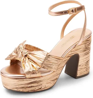 DREAM PAIRS Women's Chunky Platform Heels Sandals Pleated Bow Knot Ankle Buckle Strap Heeled Sandals Open Toe Comfortable Wedding Party Dress Shoes
