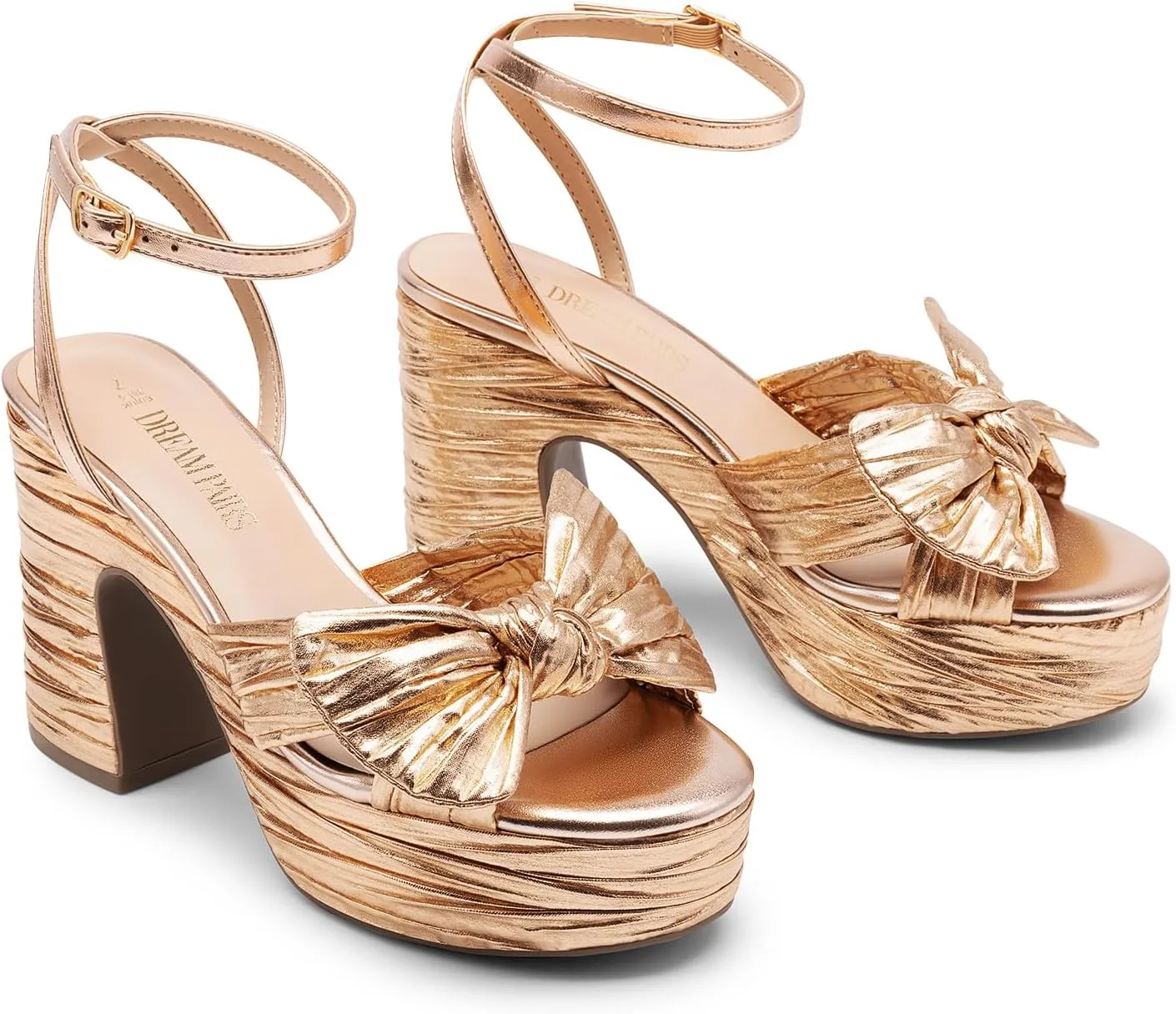 DREAM PAIRS Women's Chunky Platform Heels Sandals Pleated Bow Knot Ankle Buckle Strap Heeled Sandals Open Toe Comfortable Wedding Party Dress Shoes