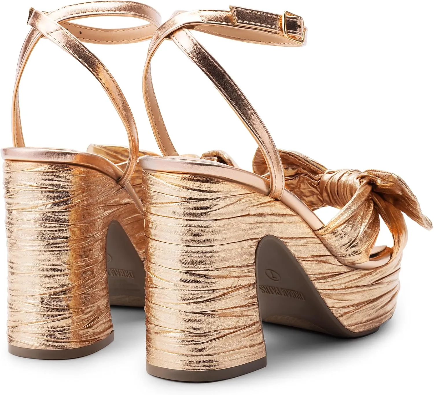 DREAM PAIRS Women's Chunky Platform Heels Sandals Pleated Bow Knot Ankle Buckle Strap Heeled Sandals Open Toe Comfortable Wedding Party Dress Shoes