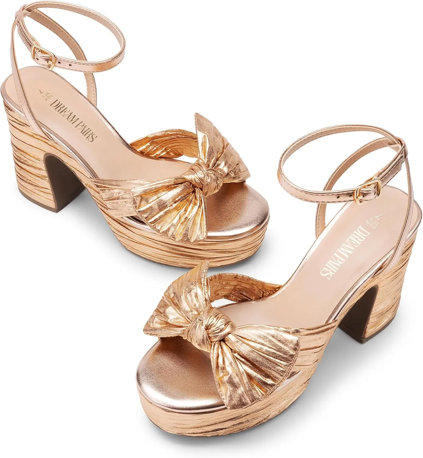 DREAM PAIRS Women's Chunky Platform Heels Sandals Pleated Bow Knot Ankle Buckle Strap Heeled Sandals Open Toe Comfortable Wedding Party Dress Shoes
