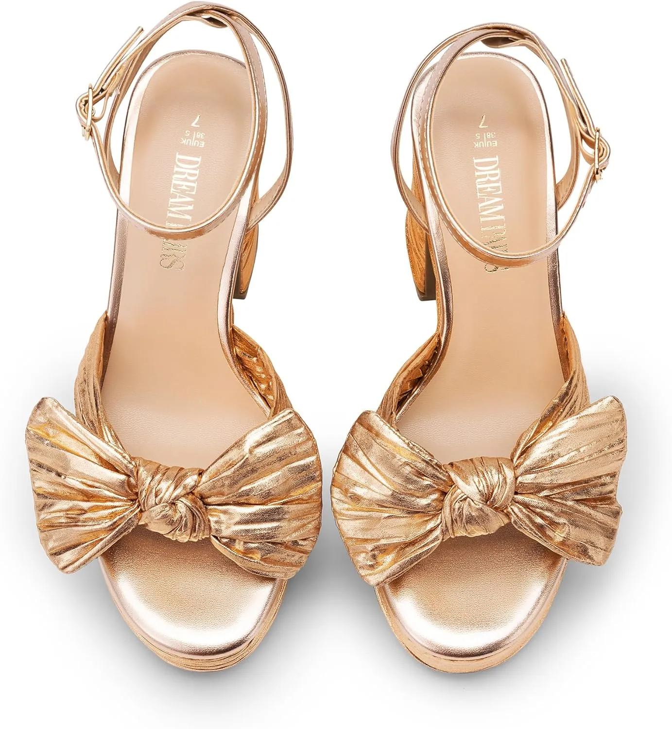 DREAM PAIRS Women's Chunky Platform Heels Sandals Pleated Bow Knot Ankle Buckle Strap Heeled Sandals Open Toe Comfortable Wedding Party Dress Shoes