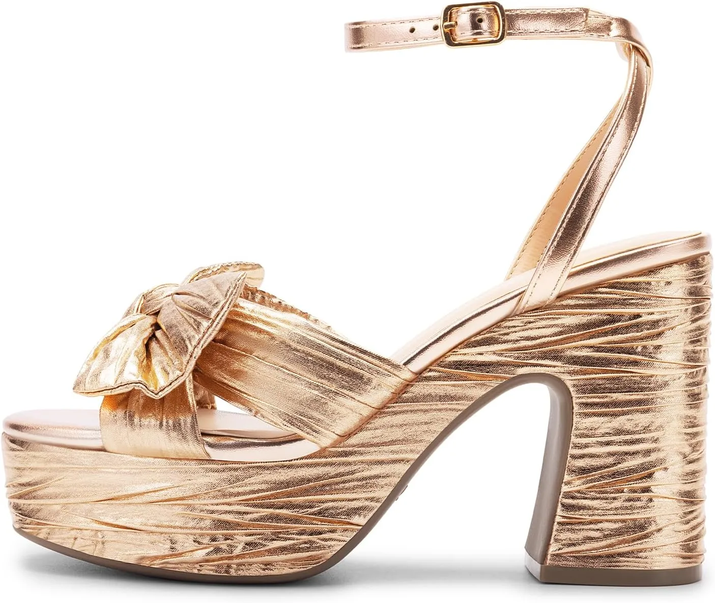 DREAM PAIRS Women's Chunky Platform Heels Sandals Pleated Bow Knot Ankle Buckle Strap Heeled Sandals Open Toe Comfortable Wedding Party Dress Shoes