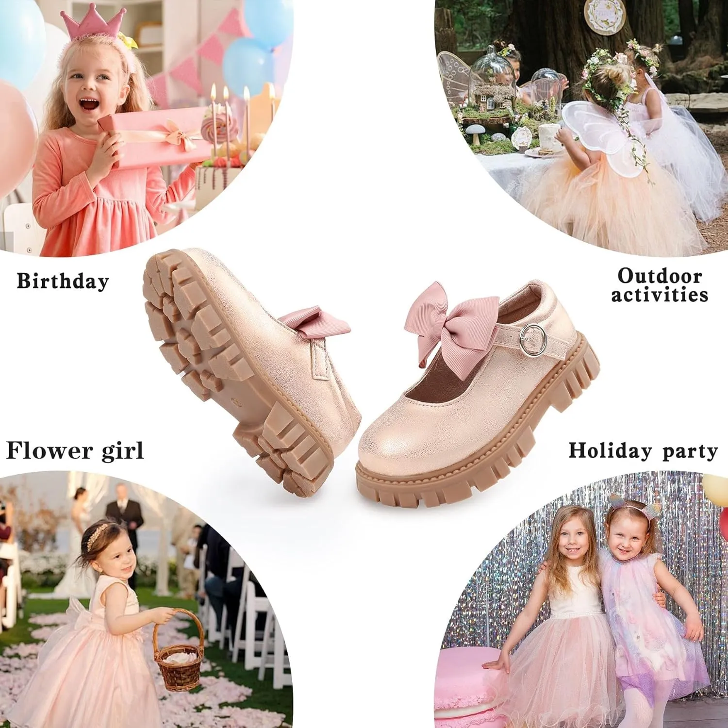 Dress Shoes for Girls Bow Flower Girl Mary Jane Flats Little Girl Dress Shoes for Wedding, Party, Birthday