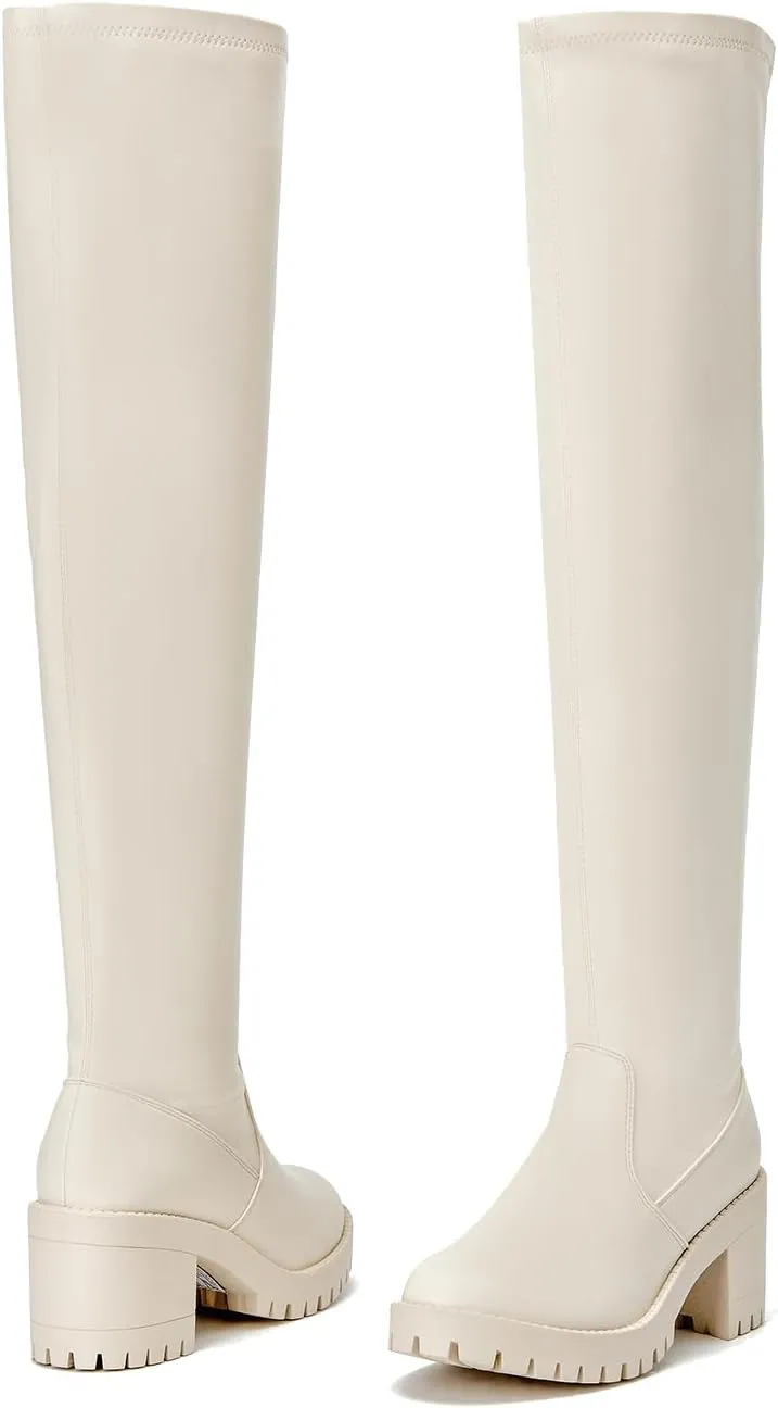 EETTARO Women's Over The Knee Boot Fashion Stretch Thigh High Boots Chunky Heel Tall Long Side Zip Boots