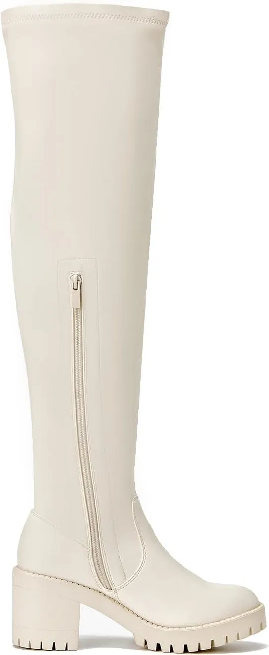 EETTARO Women's Over The Knee Boot Fashion Stretch Thigh High Boots Chunky Heel Tall Long Side Zip Boots