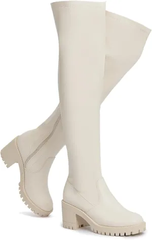 EETTARO Women's Over The Knee Boot Fashion Stretch Thigh High Boots Chunky Heel Tall Long Side Zip Boots
