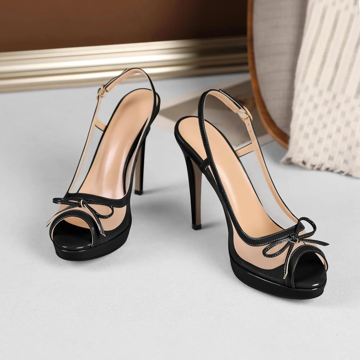 Eldof Women’s High Heel Platform Sandals, Peep Toe Slingback Sandals, Stiletto Heels with Bows Mesh Dating Party Wedding Dress Shoes 5 Inches