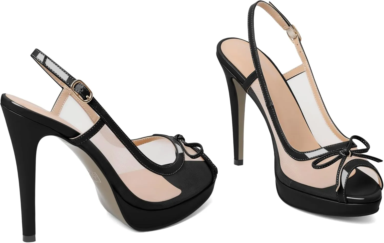 Eldof Women’s High Heel Platform Sandals, Peep Toe Slingback Sandals, Stiletto Heels with Bows Mesh Dating Party Wedding Dress Shoes 5 Inches