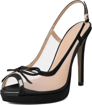 Eldof Women’s High Heel Platform Sandals, Peep Toe Slingback Sandals, Stiletto Heels with Bows Mesh Dating Party Wedding Dress Shoes 5 Inches
