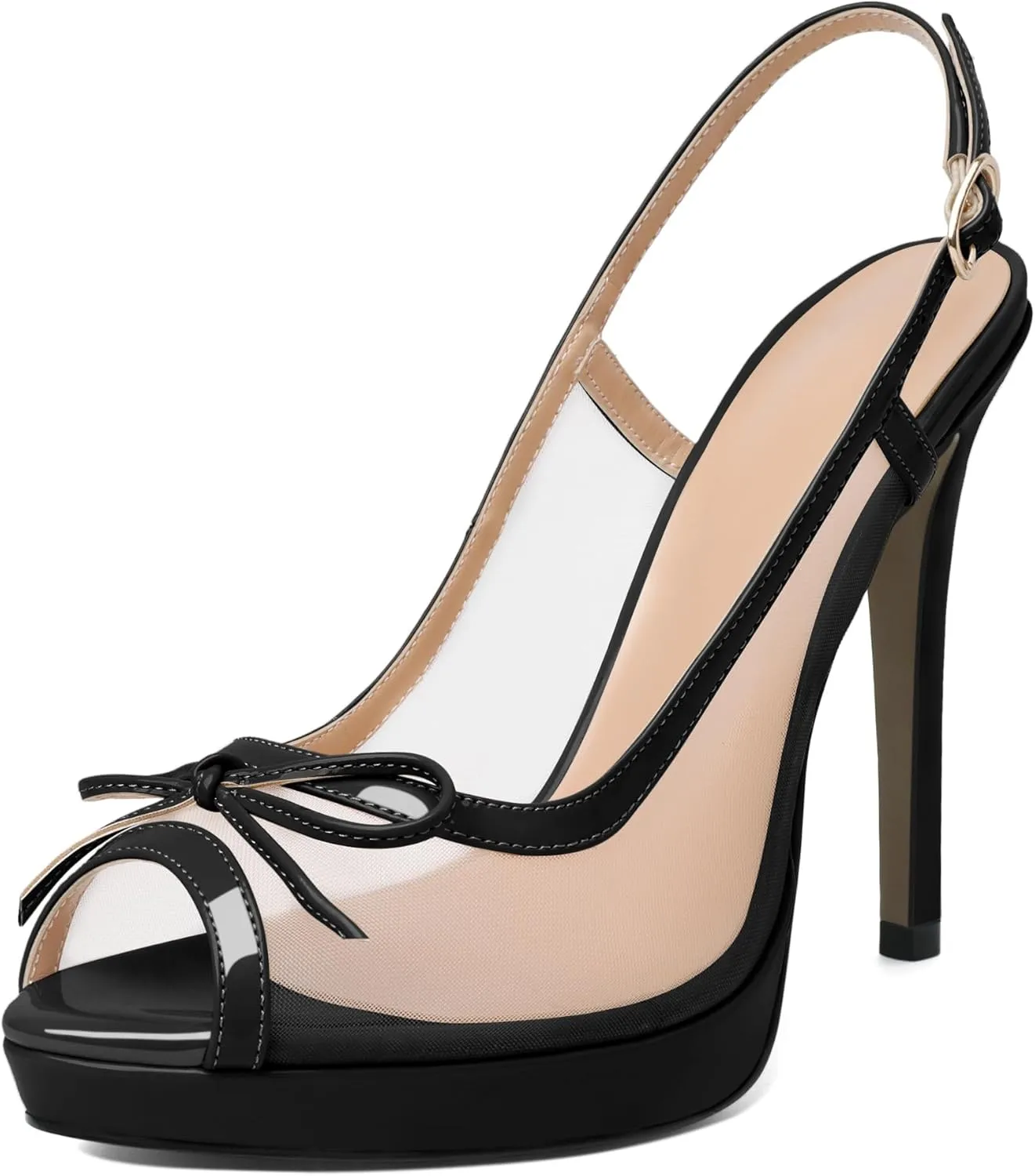 Eldof Women’s High Heel Platform Sandals, Peep Toe Slingback Sandals, Stiletto Heels with Bows Mesh Dating Party Wedding Dress Shoes 5 Inches