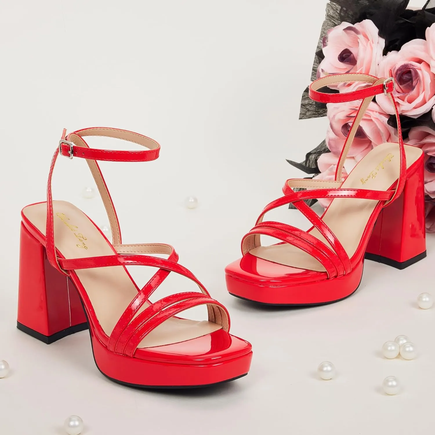 Elisabet Tang Chunky Platform Heels Sandals for Women Sexy Square Toe Heels High Strappy Sandals for Sexy Party Wedding and Evening