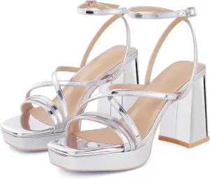 Elisabet Tang Chunky Platform Heels Sandals for Women Sexy Square Toe Heels High Strappy Sandals for Sexy Party Wedding and Evening