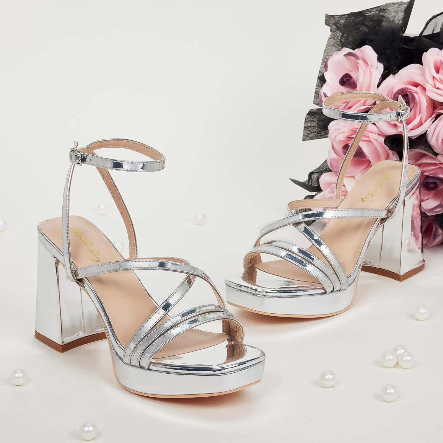 Elisabet Tang Chunky Platform Heels Sandals for Women Sexy Square Toe Heels High Strappy Sandals for Sexy Party Wedding and Evening