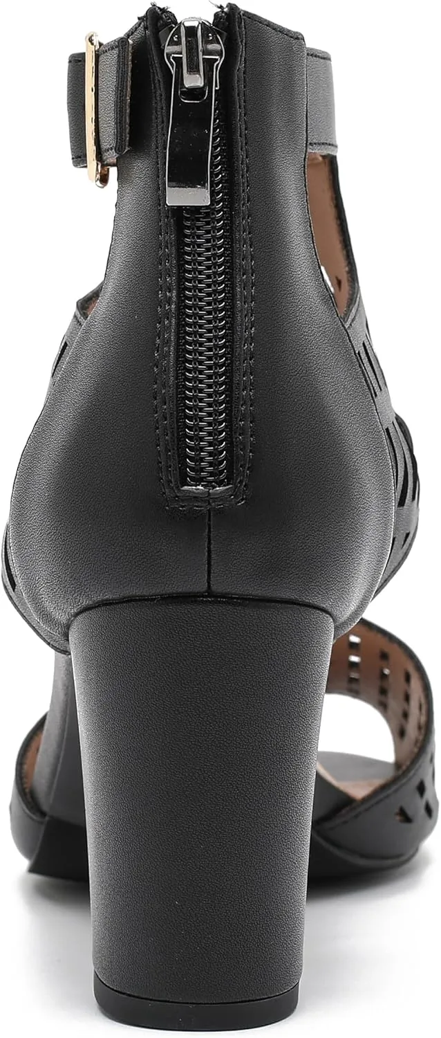 Enelauge Women's Gladiator Sandals Strappy Hollow Out Chunky High Heels Open Toe Ankle Strap Dressy Pumps with Back Zip Cutout Heeled Bohemian Summer Party Sandals