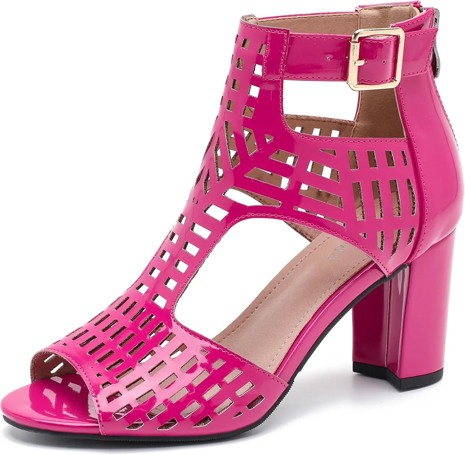 Enelauge Women's Gladiator Sandals Strappy Hollow Out Chunky High Heels Open Toe Ankle Strap Dressy Pumps with Back Zip Cutout Heeled Bohemian Summer Party Sandals