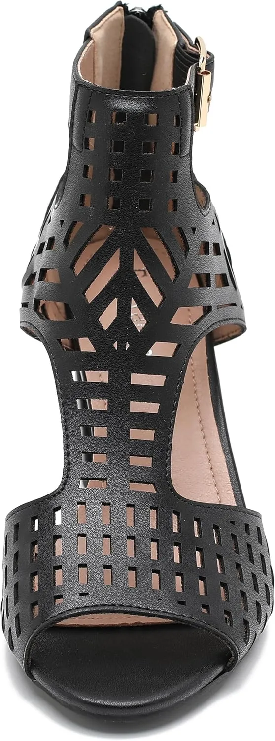 Enelauge Women's Gladiator Sandals Strappy Hollow Out Chunky High Heels Open Toe Ankle Strap Dressy Pumps with Back Zip Cutout Heeled Bohemian Summer Party Sandals