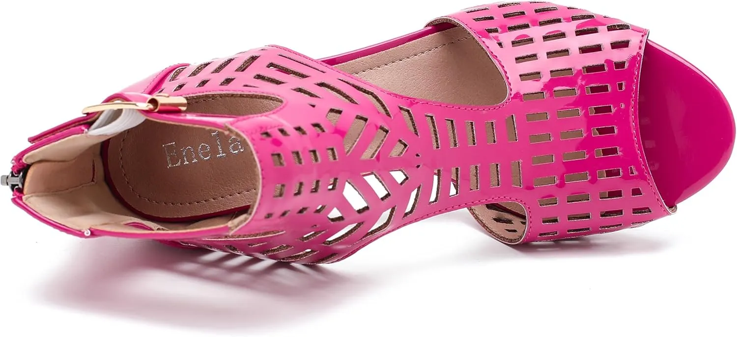 Enelauge Women's Gladiator Sandals Strappy Hollow Out Chunky High Heels Open Toe Ankle Strap Dressy Pumps with Back Zip Cutout Heeled Bohemian Summer Party Sandals
