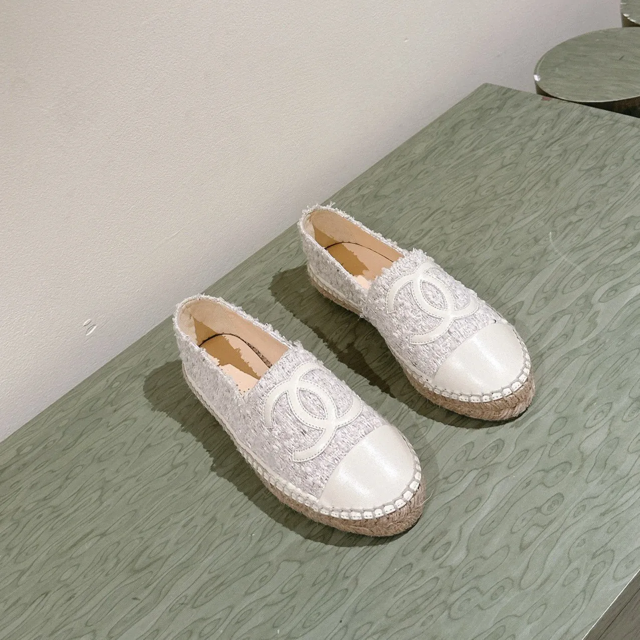 espadrilles grey tweed white calfskin