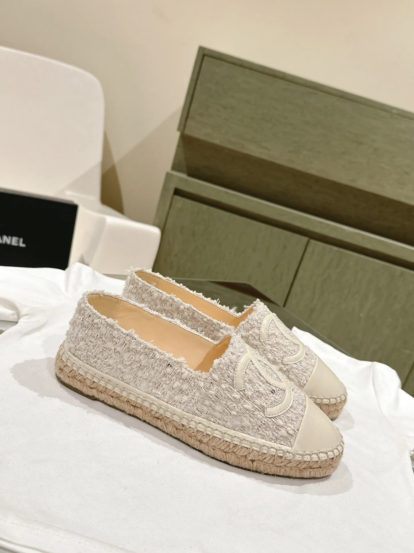 espadrilles grey tweed white calfskin