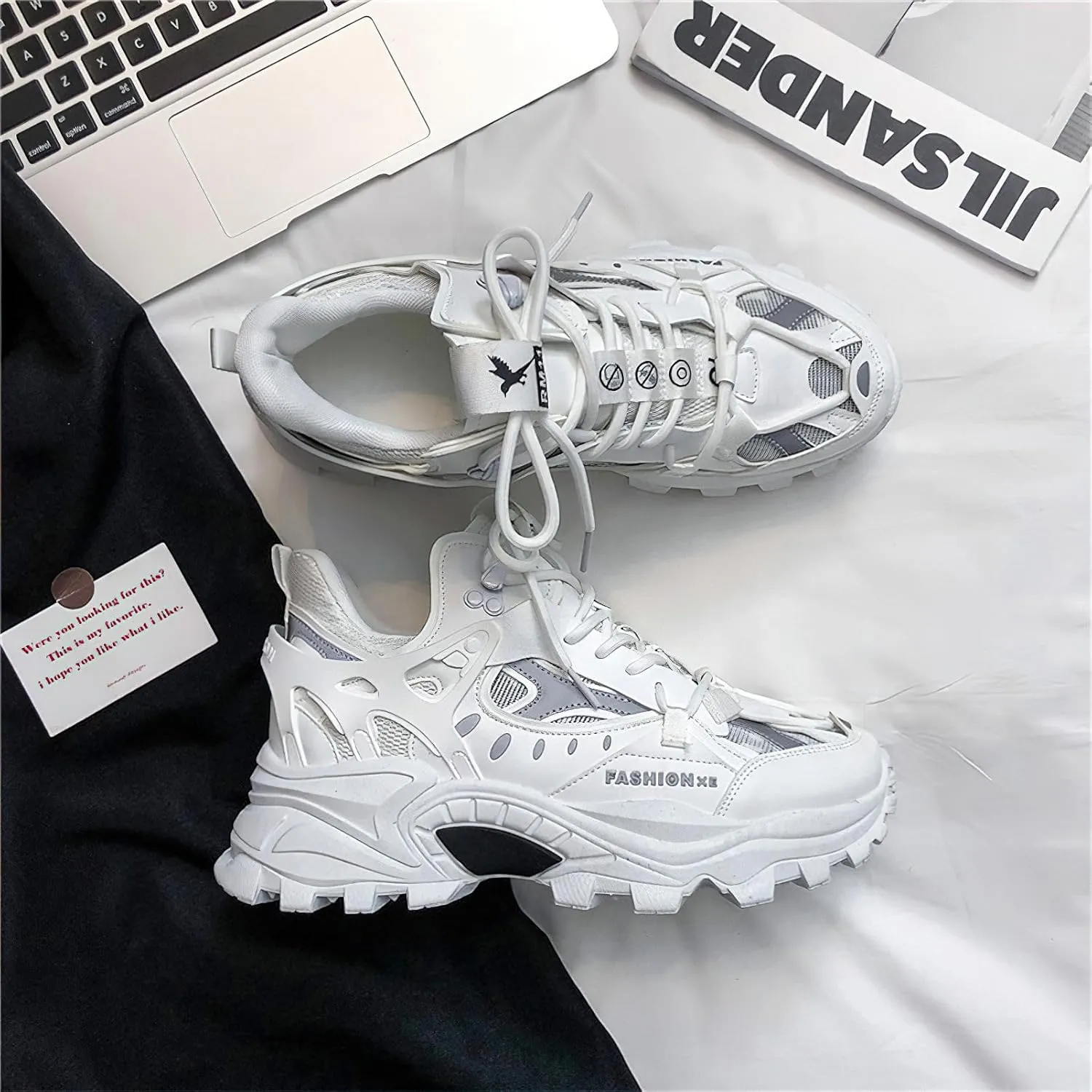 Exusiai Men's Chunky Sole Sneakers Stylish Lace-Up Dad Shoes Platform Athletic Breathable Walking Running Shoes for Comfort & Durability