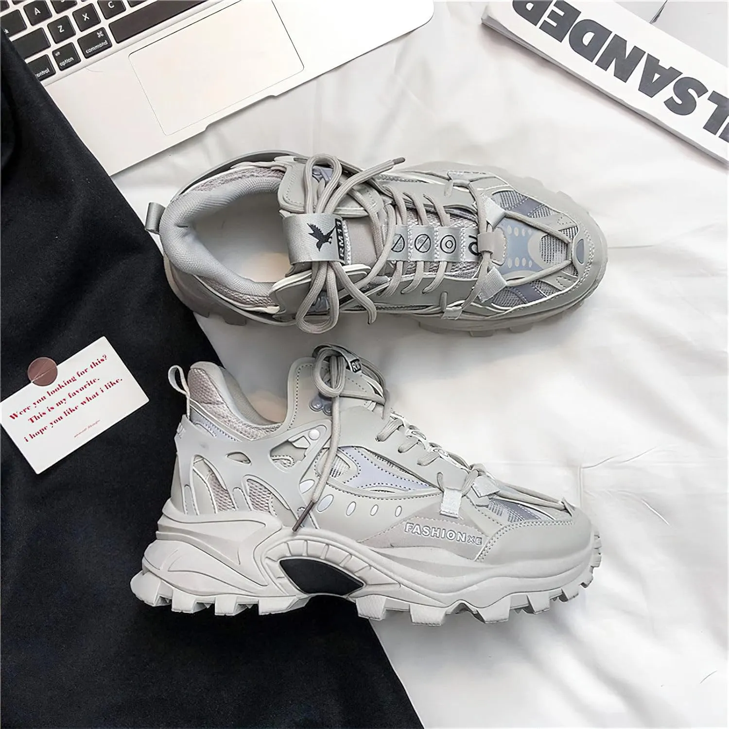 Exusiai Men's Chunky Sole Sneakers Stylish Lace-Up Dad Shoes Platform Athletic Breathable Walking Running Shoes for Comfort & Durability